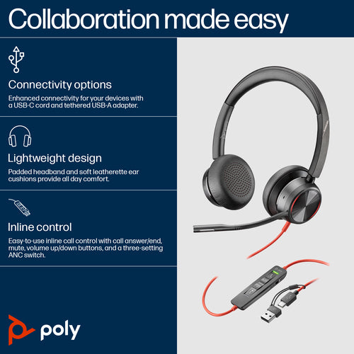 HP Poly Blackwire 8225 Uc , Stereo Usb-C Corded Headset , Anc , Inc Usb-A Adaptor