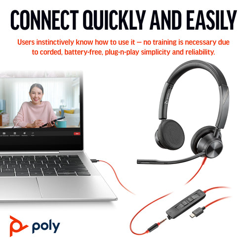 HP Poly Blackwire 3325 Ms , Stereo Usb-C Corded Headset, 3.5Mm Inc Usb-A Adaptor