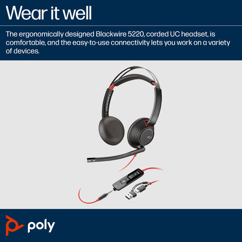 HP Poly Blackwire C5220 Uc Stereo Usb-C Corded Headset, 3.5Mm Inc Usb-A Adaptor