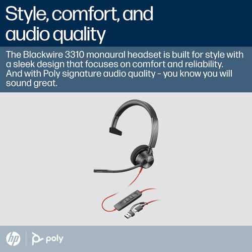 HP Poly Blackwire 3310 Ms Mono Usb-C Corded Headset, Including Usb-A Adaptor