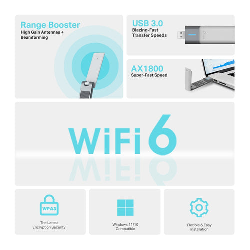 Tp-Link Archer Ax1800 Wi-Fi 6 Dual-Band USB Adapter, High Gain, USB 3.0, 3Yr