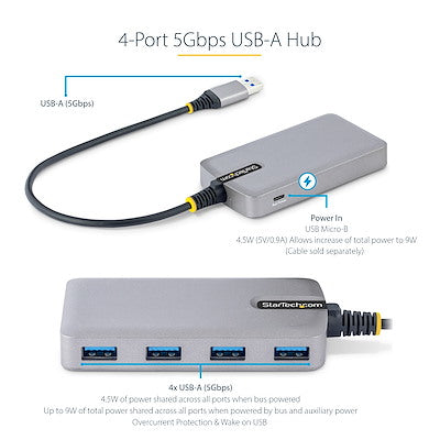 Startech 4-Port USB Hub - USB 3.0 5Gbps, Bus Powered, Usb-A To 4X Usb-A Hub W/ Optional Au