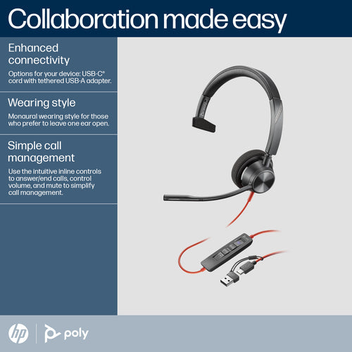 HP Poly Blackwire 3310 Ms Mono Usb-C Corded Headset, Including Usb-A Adaptor
