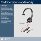 HP Poly Blackwire 3310 Ms Mono Usb-C Corded Headset, Including Usb-A Adaptor