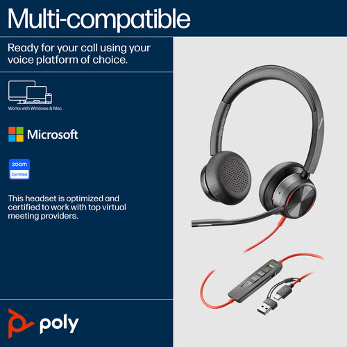 HP Poly Blackwire 8225 Uc , Stereo Usb-C Corded Headset , Anc , Inc Usb-A Adaptor