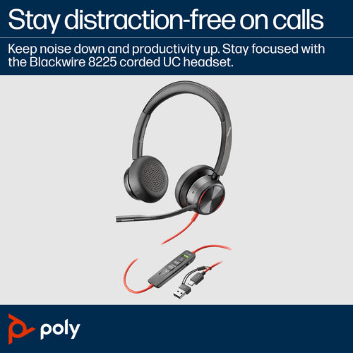 HP Poly Blackwire 8225 Uc , Stereo Usb-C Corded Headset , Anc , Inc Usb-A Adaptor