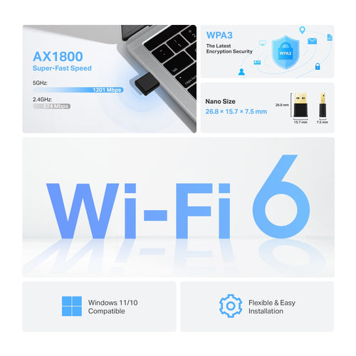 Tp-Link Archer Ax1800 Nano Wi-Fi 6 Dual-Band USB Adapter, 3Yr