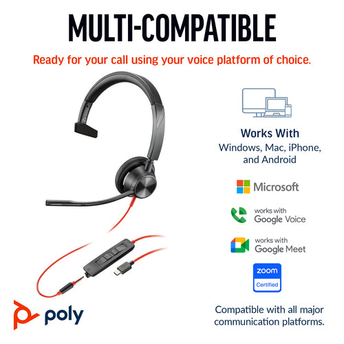 HP Poly Blackwire 3315 Uc , Mono Usb-C Corded Headset , 3.5Mm Incl Usb-A Adaptor