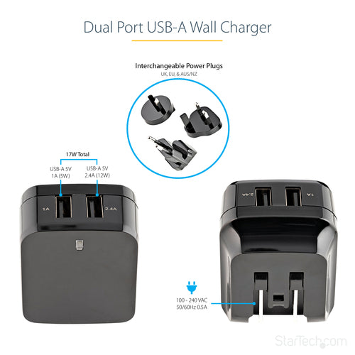 Startech Dual Port USB Wall Charger 17W/3.4A Travel Charger 110V/220V 2Yr