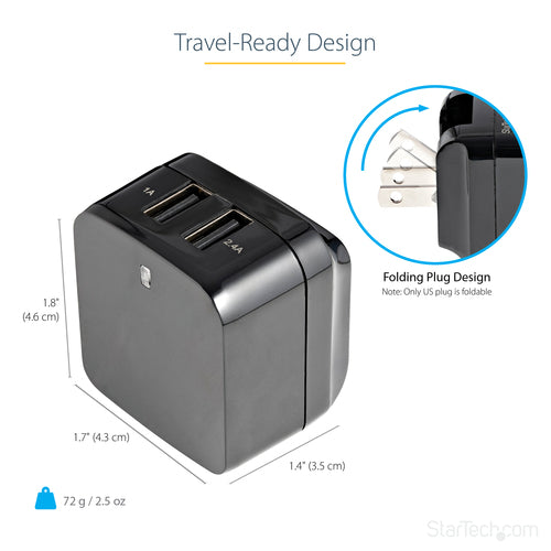 Startech Dual Port USB Wall Charger 17W/3.4A Travel Charger 110V/220V 2Yr