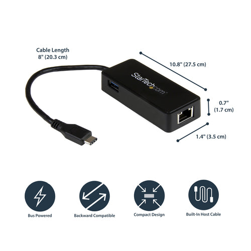 Startech Usb-C To Gbe Adapter, USB 3.0(1), Tb3 Compatible, Black, 2Yr