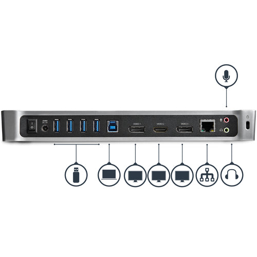 Startech USB 3.0 4K Dock, Triple Display, Dp(2), Hdmi, Usb(5), Rj45, Lock, 3Yr