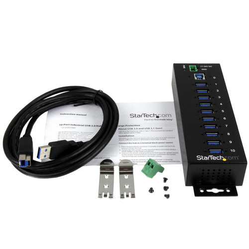 Startech 10 Port USB 3.0 Hub, Industrial, Metal, Esd & Surge Protection, Mount, 2Yr