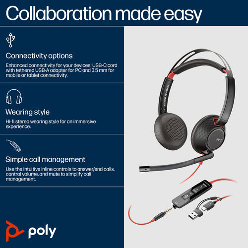 HP Poly Blackwire C5220 Uc Stereo Usb-C Corded Headset, 3.5Mm Inc Usb-A Adaptor