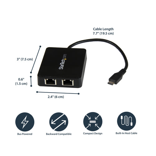 Startech Usb-C To Dual Gbe Adapter, USB 3.0(1), Black, 2Yr