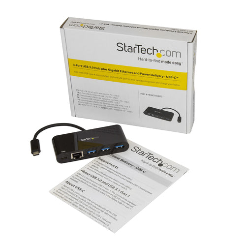 Startech 3 Port Usb-C Hub, Usb-C(1), Usb(3), Rj45, 60W Pd, 2Yr