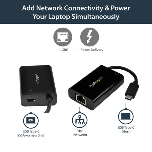 Startech Usb-C To Gbe Adapter, Tb3 Compatible, Usb-C Pd, Black, 2Yr