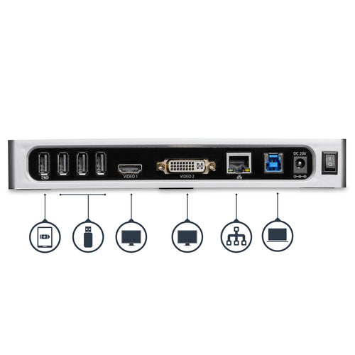 Startech USB 3.0 Dock, Dual Display, Hdmi, Dvi, Usb(6), Rj45, 3Yr