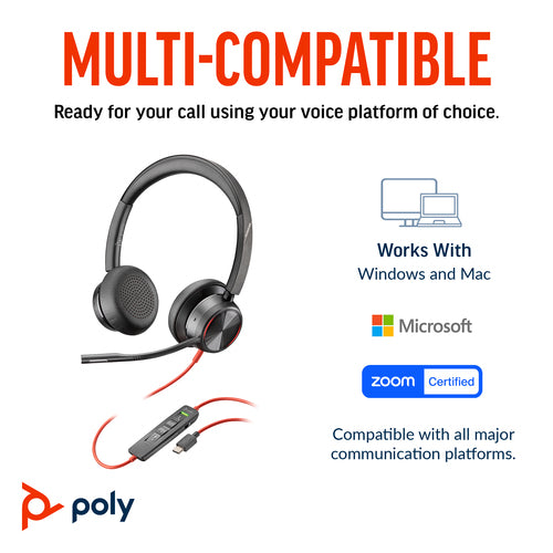 HP Poly Blackwire 8225 Uc , Stereo Usb-C Corded Headset , Anc , Inc Usb-A Adaptor