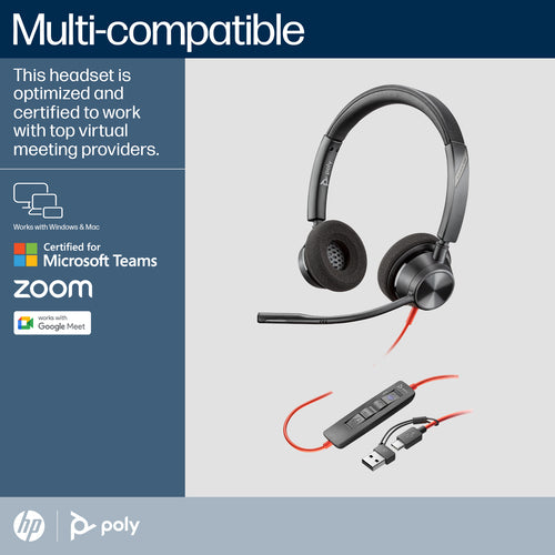 HP Poly Blackwire 3320, Ms, Stereo, Corded Headset, Including Usb-A Adaptor
