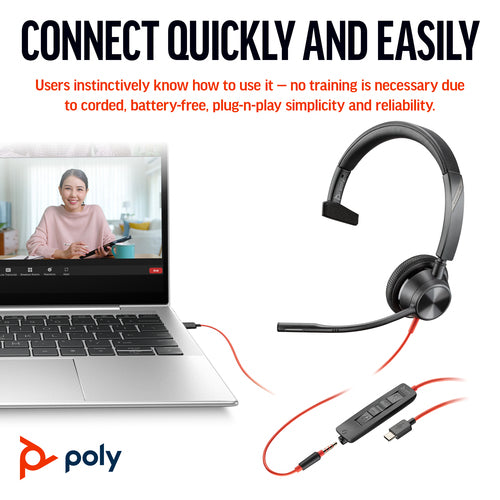 HP Poly Blackwire 3315 Uc , Mono Usb-C Corded Headset , 3.5Mm Incl Usb-A Adaptor