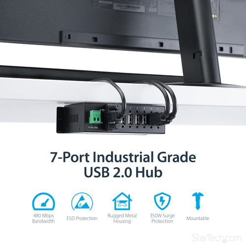 Startech 7 Port Usb2.0 Hub, Industrial, Metal, Esd & Surge Protection, Mount, 2Yr