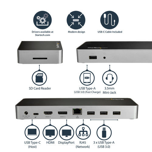 Startech Usb-C 4K Dock, Dual Display, Hdmi, Dp, Usb(4), Tb3 Compatible, 60W, Ac, 3Yr