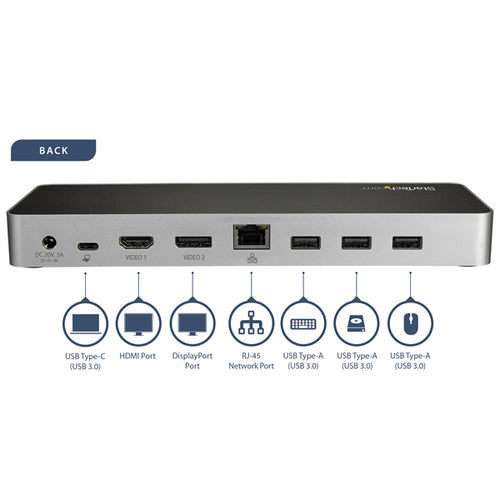 Startech Usb-C 4K Dock, Dual Display, Hdmi, Dp, Usb(4), Tb3 Compatible, 60W, Ac, 3Yr
