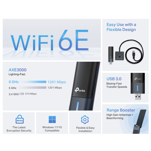 Tp-Link Archer Axe3000 Wi-Fi 6E Tri-Band USB 3.0 Adapter, High Gain, 3Yr