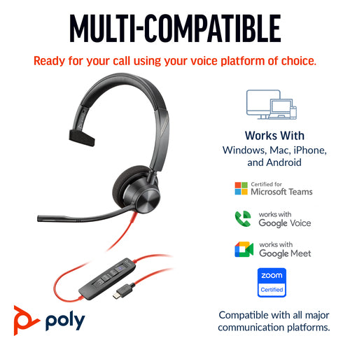 HP Poly Blackwire 3310, Uc, Mono Usb-C Corded Headset, Including Usb-A Adaptor