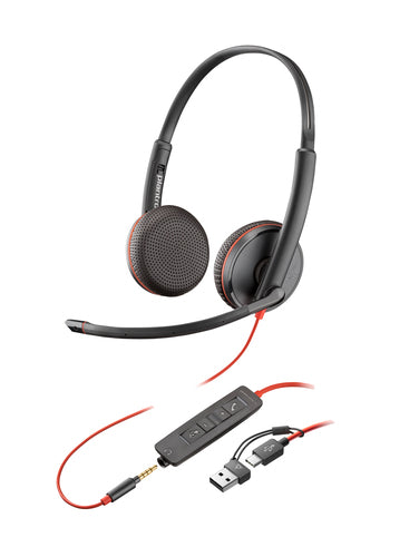 HP Poly Blackwire C3225 Uc Stereo Usb-C Corded Headset, 3.5Mm & Usb-C/A Adaptor- Soft Pack