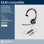 HP Poly Blackwire 3310 Ms Mono Usb-C Corded Headset, Including Usb-A Adaptor