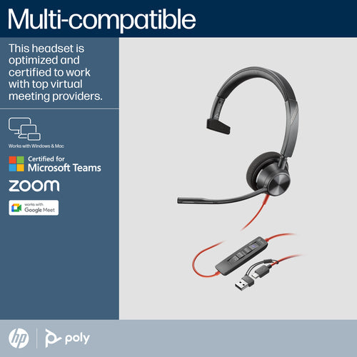 HP Poly Blackwire 3310 Ms Mono Usb-C Corded Headset, Including Usb-A Adaptor