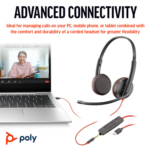HP Poly Blackwire C3225 Uc Stereo Usb-C Corded Headset, 3.5Mm & Usb-C/A Adaptor- Soft Pack