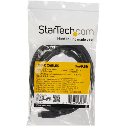 Startech 3M Usb-C 2.0 Cable, 5A Pd, TB 3 Compatible, Black, 2Yr