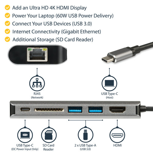 Startech Usb-C (T/Bolt3) Multiport Adapter, 4K HDMI Usb(2), Rj45, Sd, Single Display, 48W