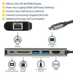 Startech Usb-C (T/Bolt3) Multiport Adapter, 4K HDMI Usb(2), Rj45, Sd, Single Display, 48W