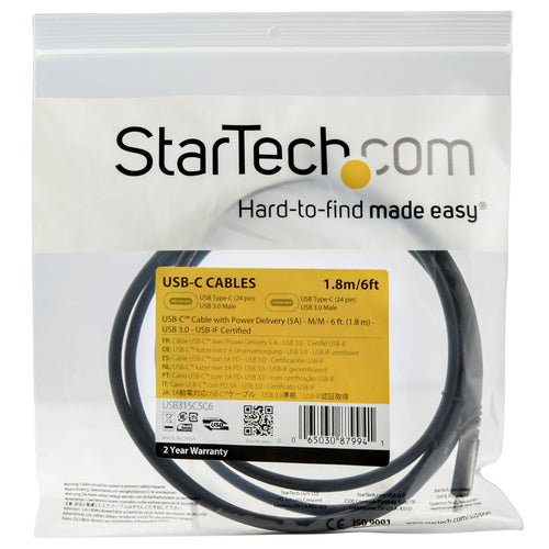 Startech 1.8M Usb-C 3.0 Cable, 5A Pd, Tb3 Compatible, Black, 2Yr