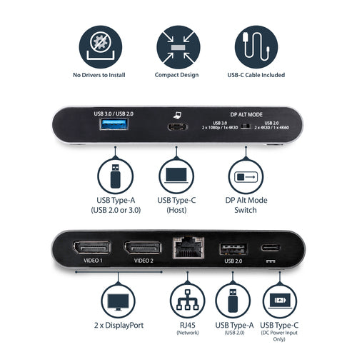 Startech Mini Usb-C 4K Dock, Dual Display, Dp(2), Usb(2), Rj45, 85W, 3Yr
