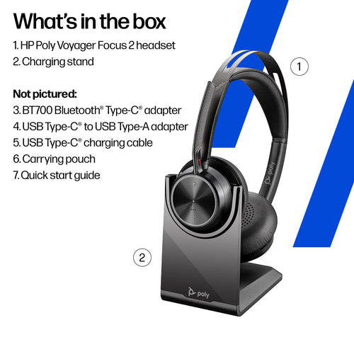 HP Poly Voyager Focus 2 Uc Bt Stereo Anc Usb-C Bt700 Dongle W/Charge Stand Incl Usb-A Adap