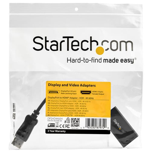 Startech Dp 1.4 To HDMI 2.0B Adapter, Hdr, 4K 60Ghz, Black, 3Yr