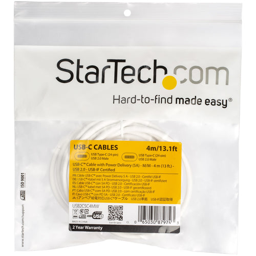 Startech 4M Usb-C 2.0 Cable, 5A Pd, TB 3 Compatible, White, 2Yr