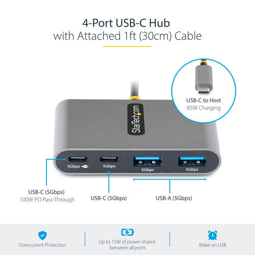 Startech 0.3M, Usb-C Hub, 100W, Usb(2), Usb-C(2), 5Gbps, 2Yr