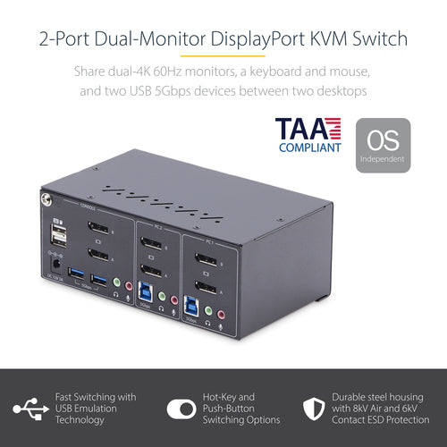 Startech 2-Port Dual-Monitor Dp Kvm Switch, 4K 60Hz, 2X USB 5Gbps, 2X USB 2.0 2Yr