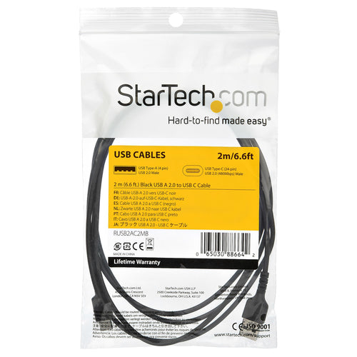 Startech 2M Usb2.0 To Usb-C Cable, Durable, 60W Power Passthrough, Black, M/M, Ltw