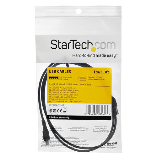 Startech 1M Usb-C 2.0 Cable, Durable, 60W Passthrough, Black, Ltw