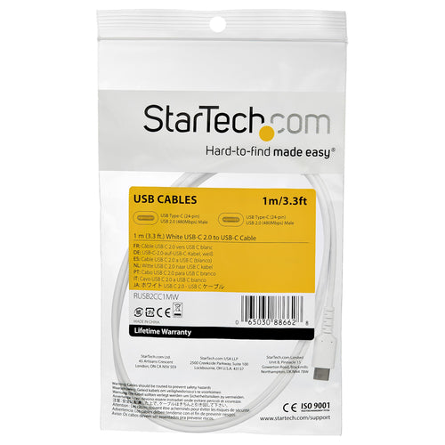 Startech 1M Usb-C 2.0 Cable, Durable, 60W Passthrough, White, Ltw