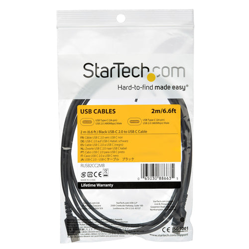 Startech 2M Usb-C 2.0 Cable, Durable, 60W Passthrough, Black, Ltw
