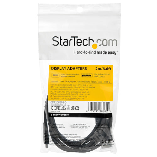 Startech 2M Usb-C (T/Bolt3) To Dp1.2 Adapter Cable, 4K, 3Yr