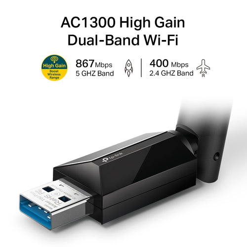 Tp-Link Archer Ac1300 Wi-Fi Dual-Band USB Adapter, Mu-Mimo, High Gain, 3Yr